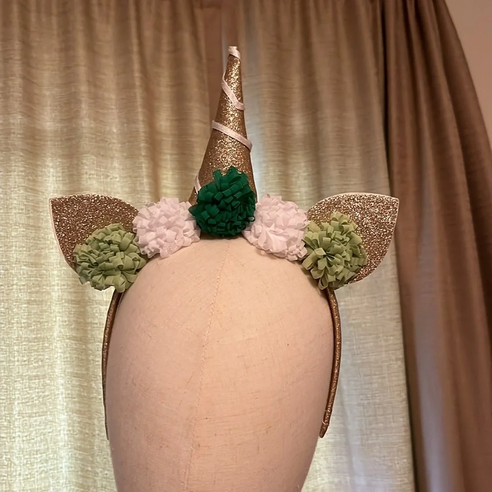 Gold Glitter Unicorn Headband With Green and White Pom Poms